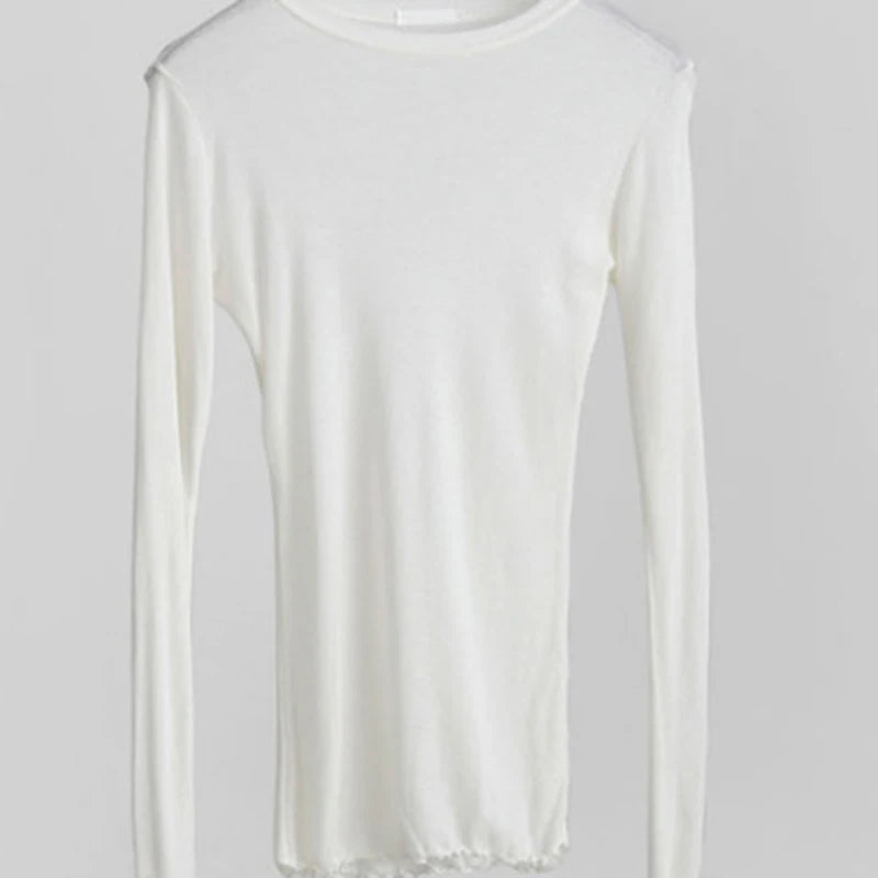 Camiseta Básica de Manga Larga para Mujer – Tela Translúcida Ajustada