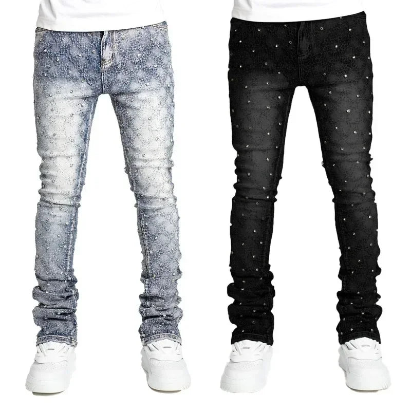 Jeans Apilados para Hombre Slim Fit con Stretch y Detalles de Perlas – Denim de Moda