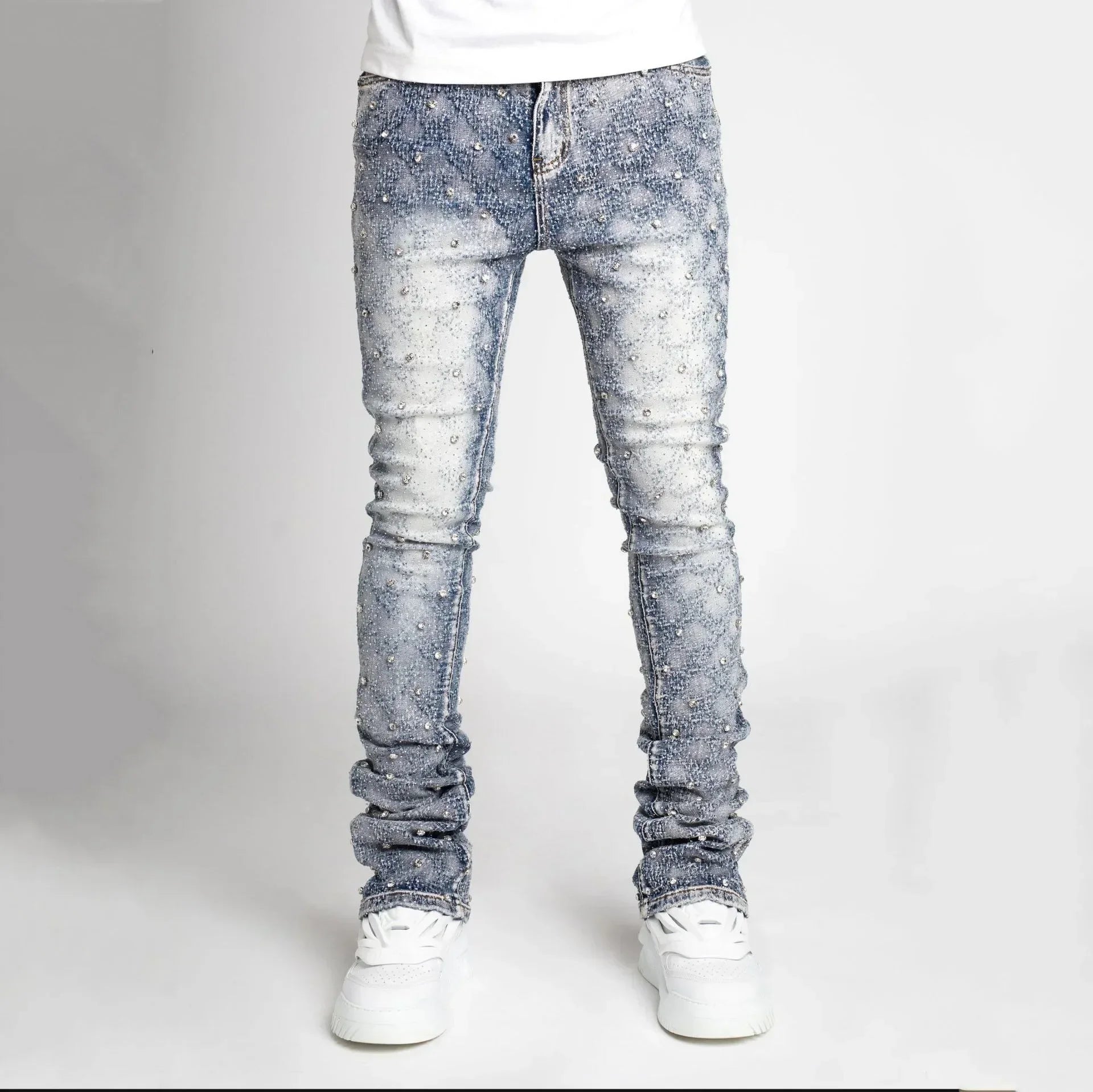 Jeans Apilados para Hombre Slim Fit con Stretch y Detalles de Perlas – Denim de Moda