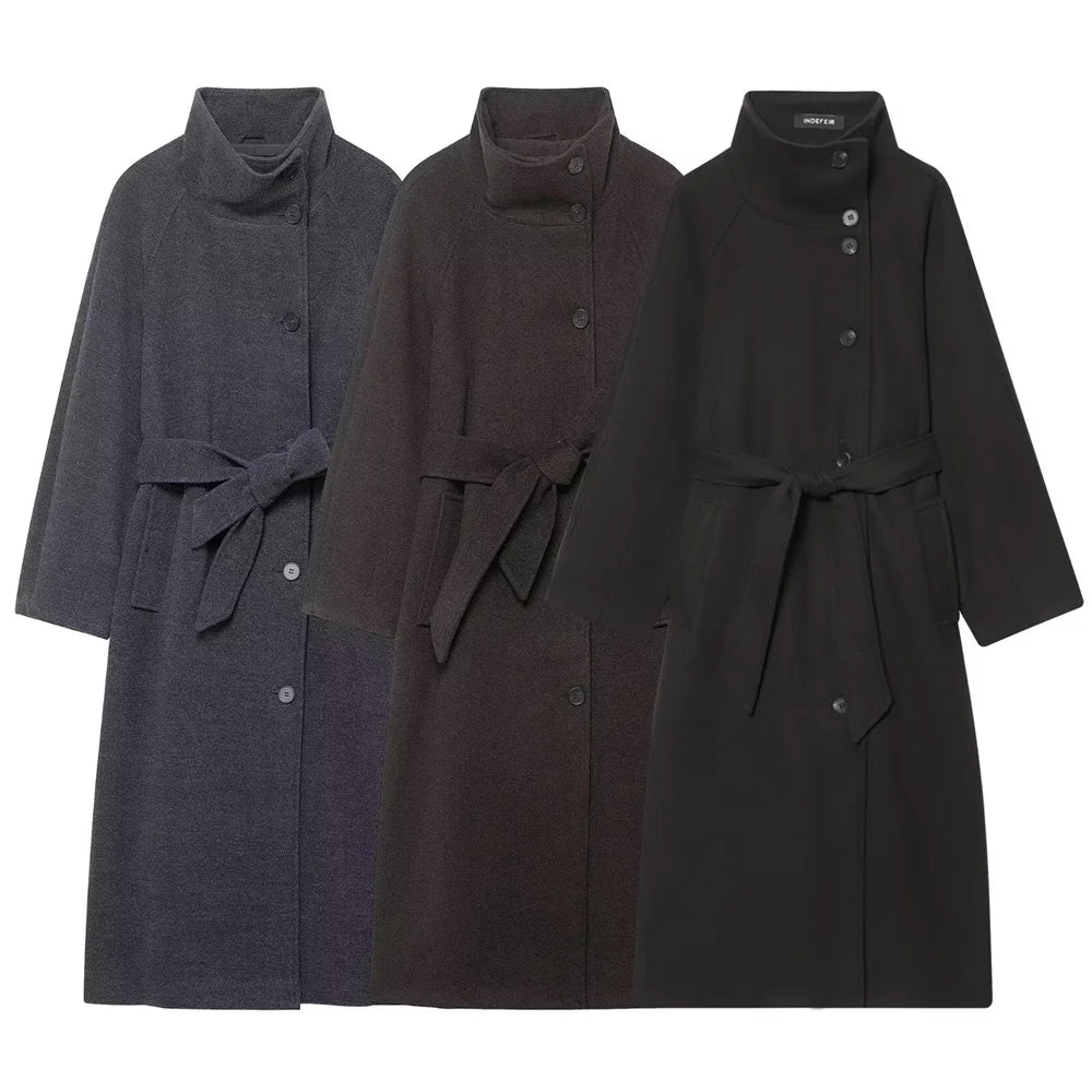 Abrigo Nuevo de Mujer – Moda 2024, Cuello Alto y Cinturón, Diseño Simple y Elegante