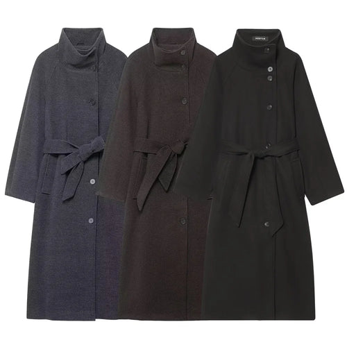 Abrigo Nuevo de Mujer – Moda 2024, Cuello Alto y Cinturón, Diseño Simple y Elegante