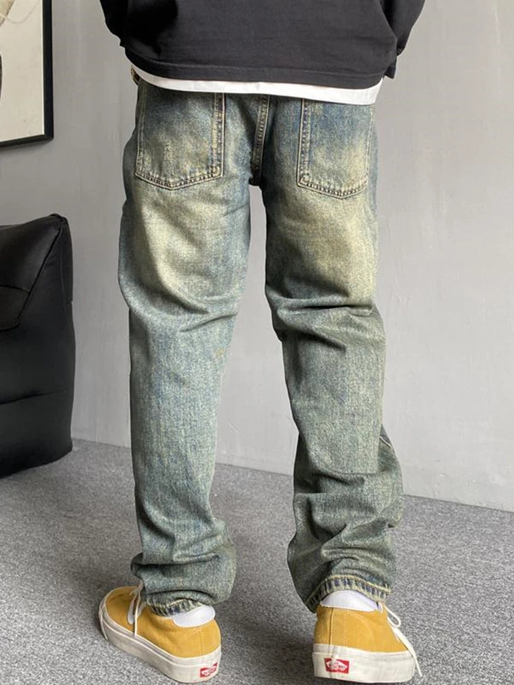 Jeans Rotos para Hombre Corte Recto – Denim Vintage con Parches, Estilo Streetwear Casual