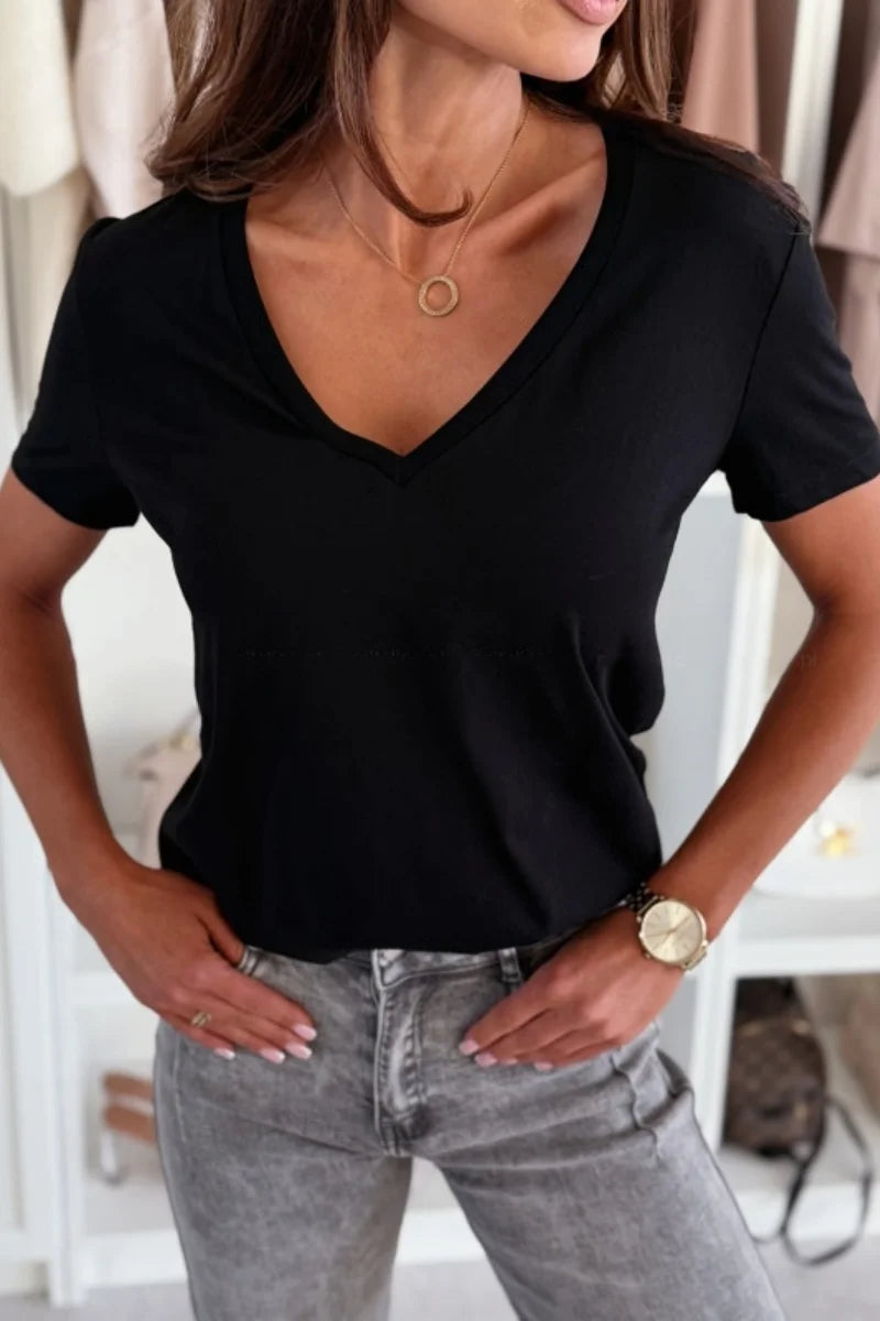 Camiseta Mujer Verano 2025 Manga Corta Sexy Cuello en V Top Casual Suelto Moda para Dama