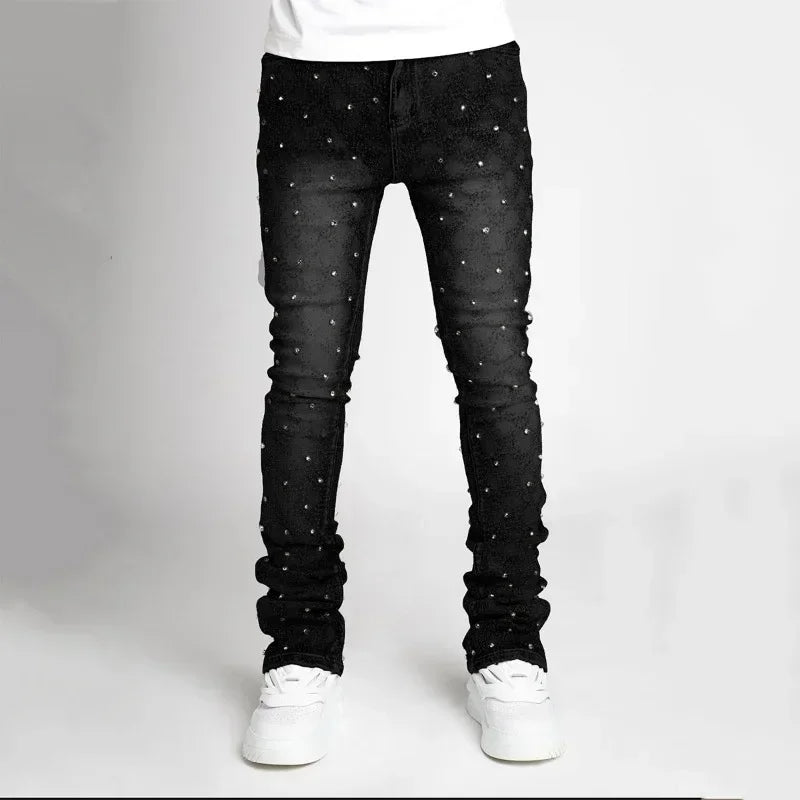 Jeans Apilados para Hombre Slim Fit con Stretch y Detalles de Perlas – Denim de Moda