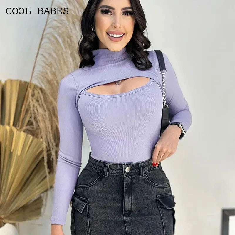 Camiseta de Mujer con Cuello Alto y Diseño Calado, Manga Larga Slim Fit