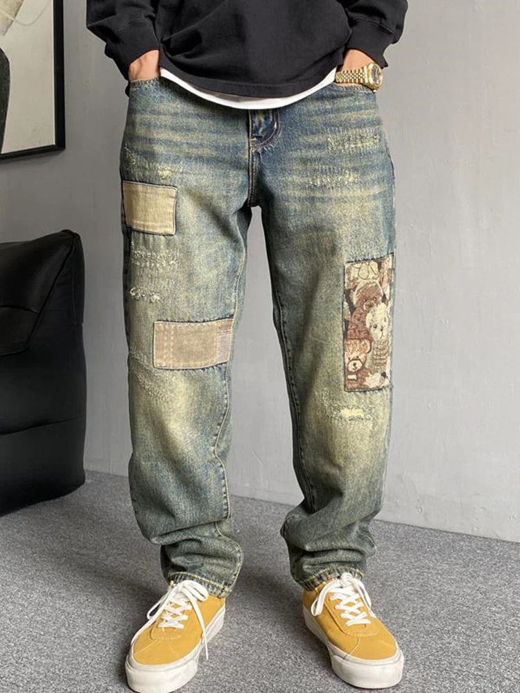 Jeans Rotos para Hombre Corte Recto – Denim Vintage con Parches, Estilo Streetwear Casual
