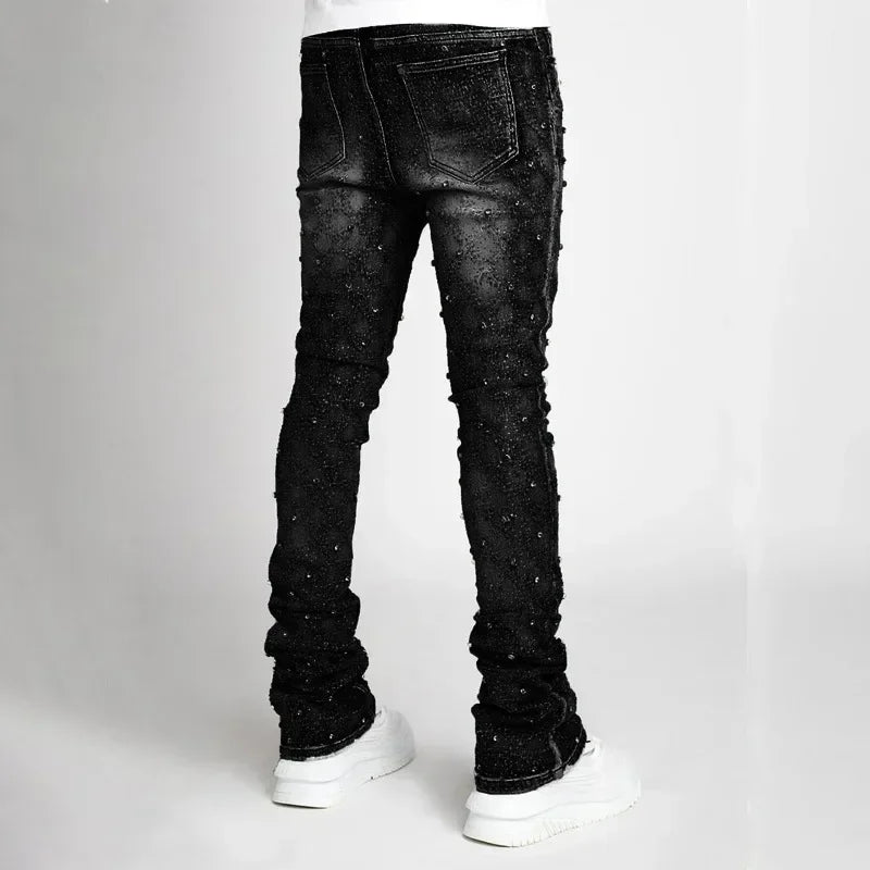 Jeans Apilados para Hombre Slim Fit con Stretch y Detalles de Perlas – Denim de Moda