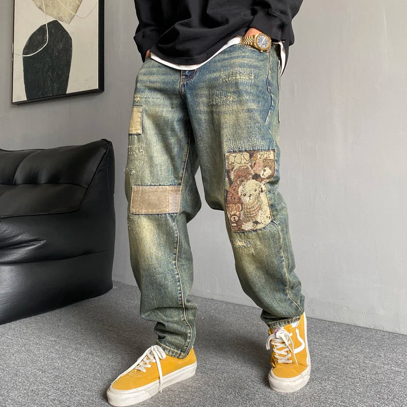Jeans Rotos para Hombre Corte Recto – Denim Vintage con Parches, Estilo Streetwear Casual