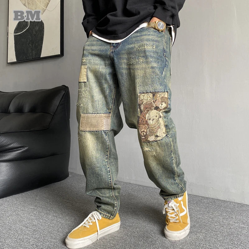 Jeans Rotos para Hombre Corte Recto – Denim Vintage con Parches, Estilo Streetwear Casual