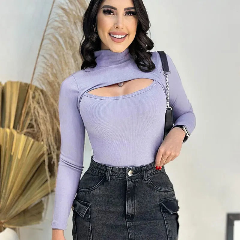 Camiseta de Mujer con Cuello Alto y Diseño Calado, Manga Larga Slim Fit