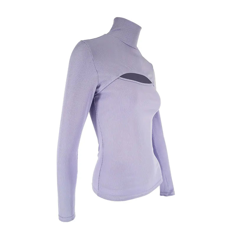 Camiseta de Mujer con Cuello Alto y Diseño Calado, Manga Larga Slim Fit