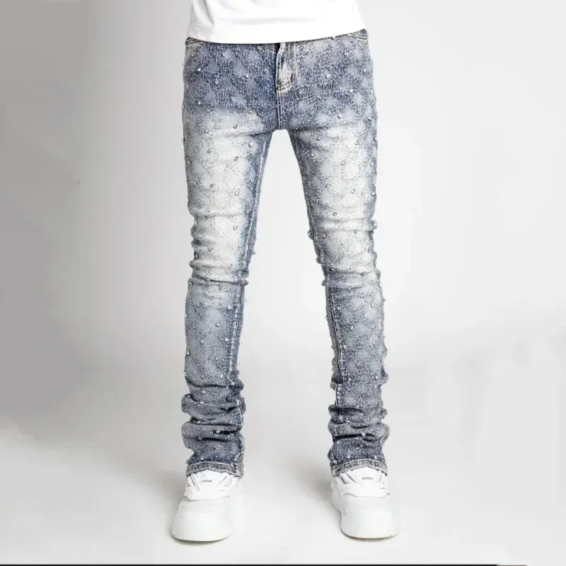 Jeans Apilados para Hombre Slim Fit con Stretch y Detalles de Perlas – Denim de Moda