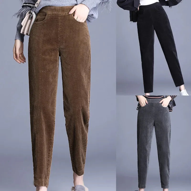 Pantalón Casual de Mujer de Pana Gruesa con Cintura Alta – Otoño / Invierno